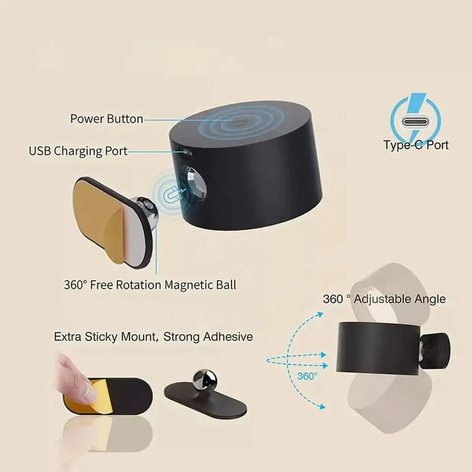 360° Wandlampe – Kabellos, USB-wiederaufladbar & 3 Helligkeitsstufen für flexible Beleuchtung