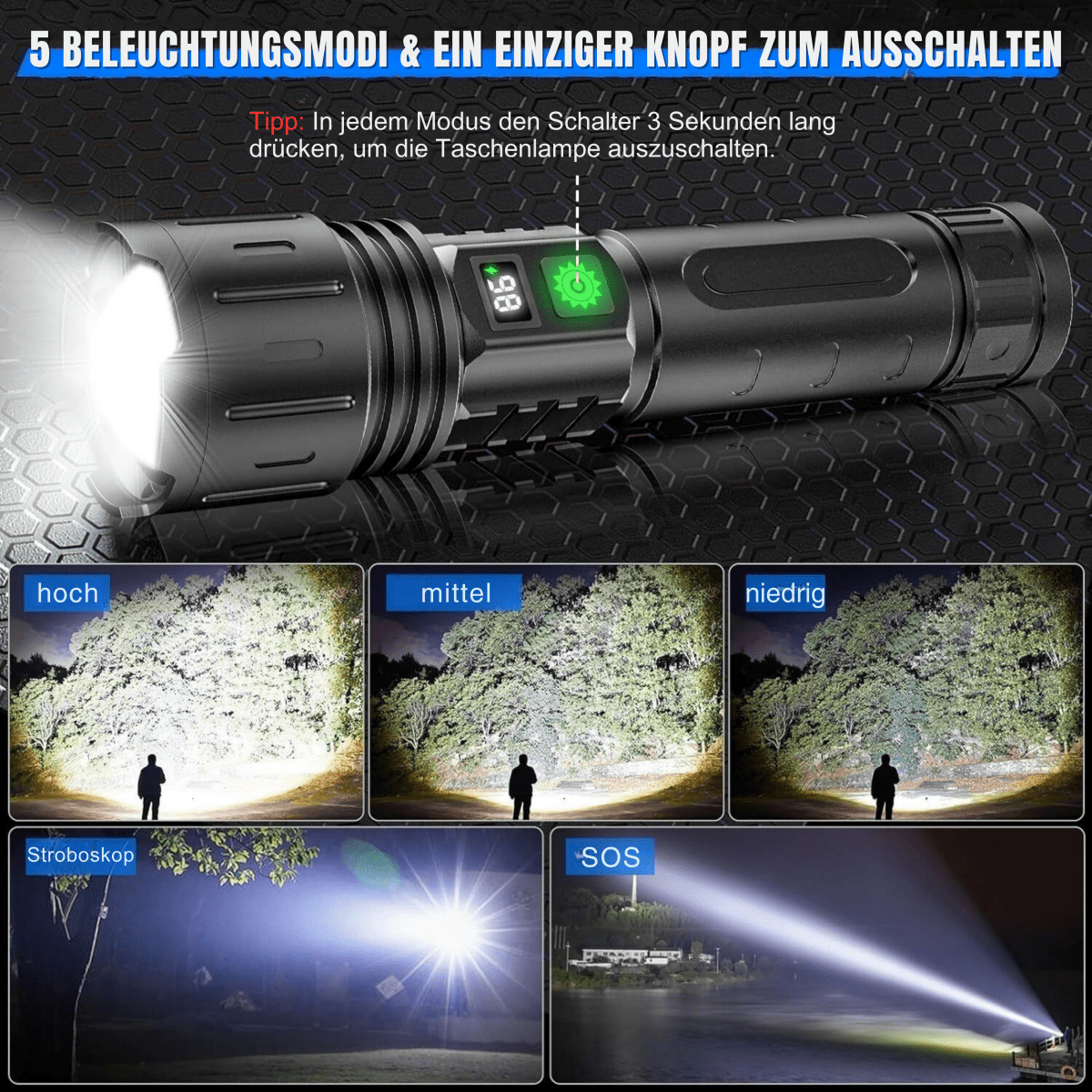 UltraBeam 100.000 Lumen Taschenlampe – Superhell & Vielseitig für jede Situation